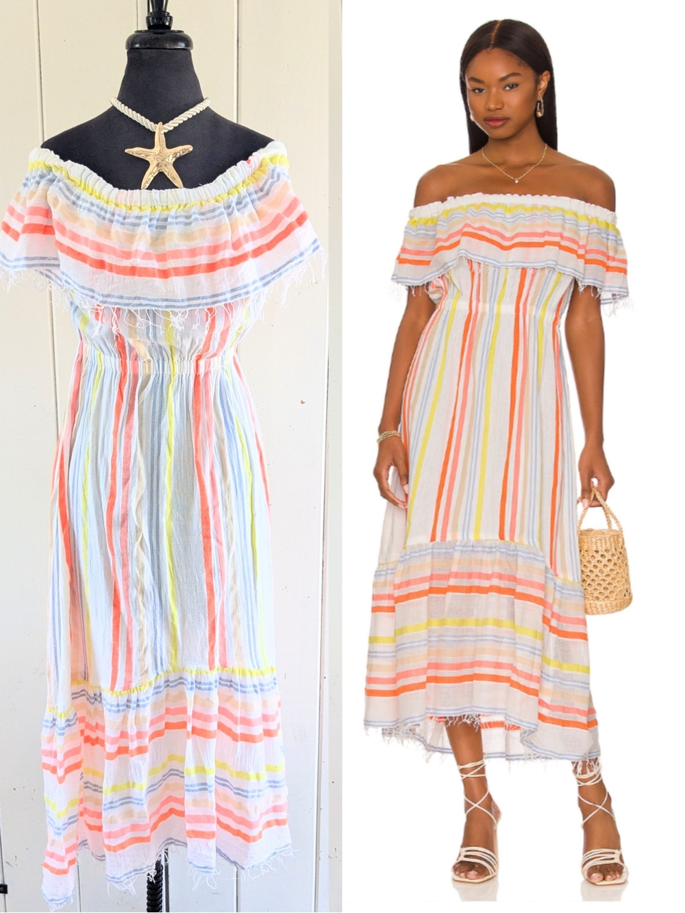 🌴Lemlem Off-Shoulder Striped Maxi Dress - Coral, Yellow, Light Blue, White sz S